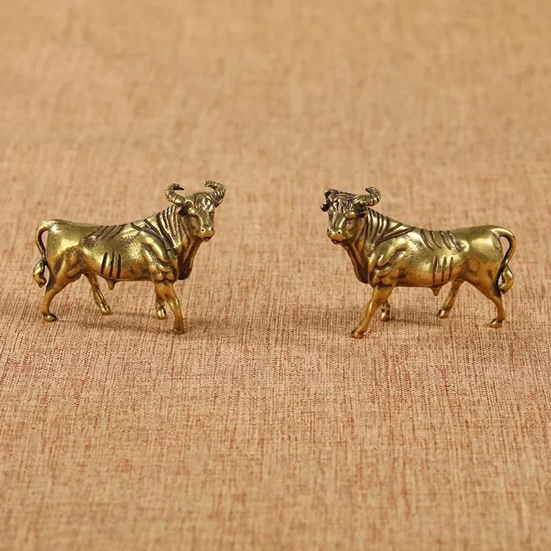 1 Pair Solid Brass Ox Sculpture Zodiac Desktop Decor Handmade Copper Art Collectible Gold Plated Lucky Charm for Christmas