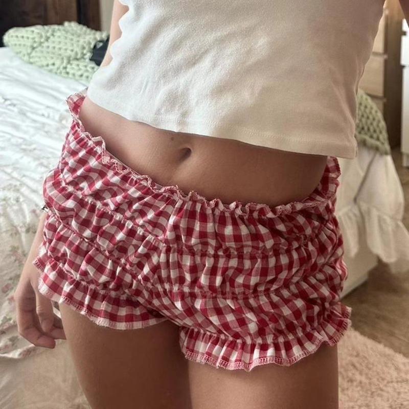 Women's Shorts, Casual Plaid Shorts, Fashionable Ruffle-edged Sexy Low-rise Shorts