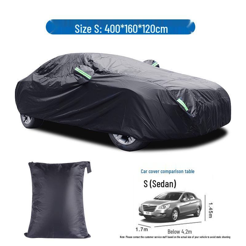 190T Silver-Coated Black Car Cover: Rainproof & UV Protection with Reflective Polyester Strips Small