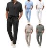 2Pcs/Set Men Summer Outfit Stand Collar Buttons Neckline Short Sleeve T-shirt Elastic Waist Drawstring Pockets Long Pants Set