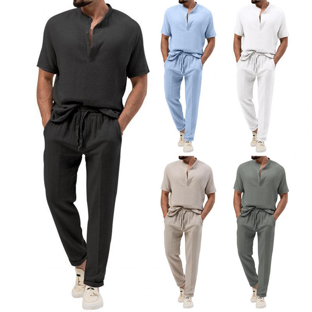 2Pcs/Set Men Summer Outfit Stand Collar Buttons Neckline Short Sleeve T-shirt Elastic Waist Drawstring Pockets Long Pants Set