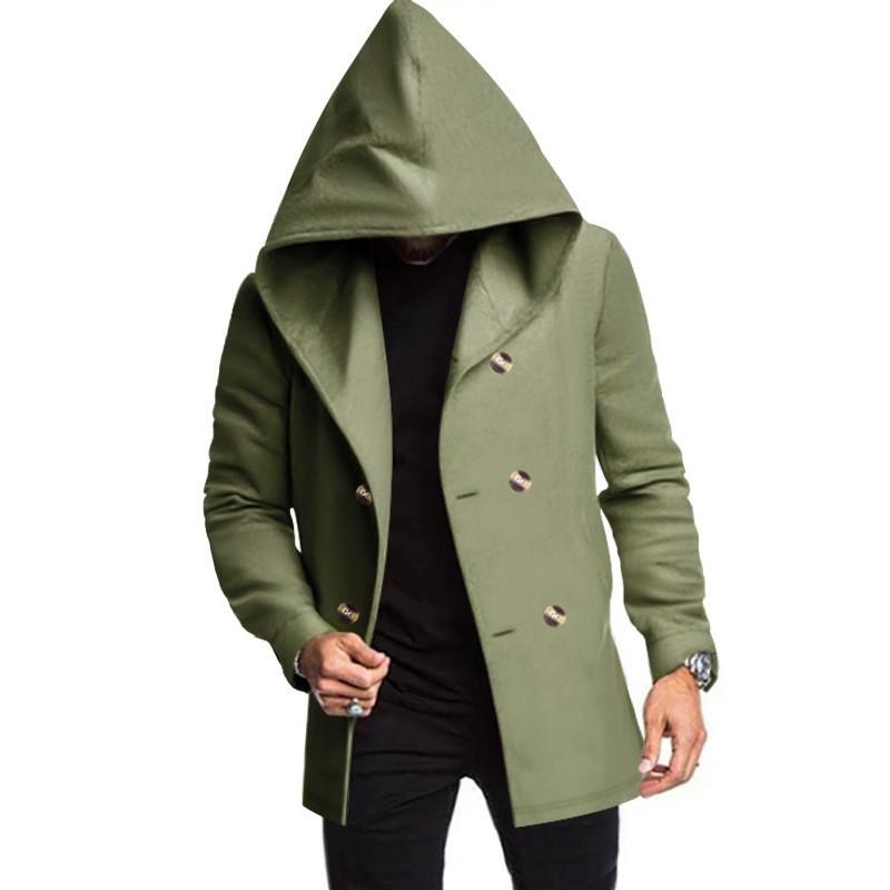 Classic Mid-Length Slim Fit Hooded Trench Coat Men Solid Color Casual Outerwear