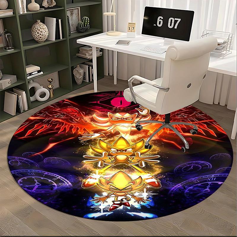 1 Stück Goldener Sonic the Hedgehog Anime Cartoon Design Runder Teppich für Bürostuhlmatte, Rutschfester Teppich, Heimdekoration, Wohnzimmer, Schlafzimmer
