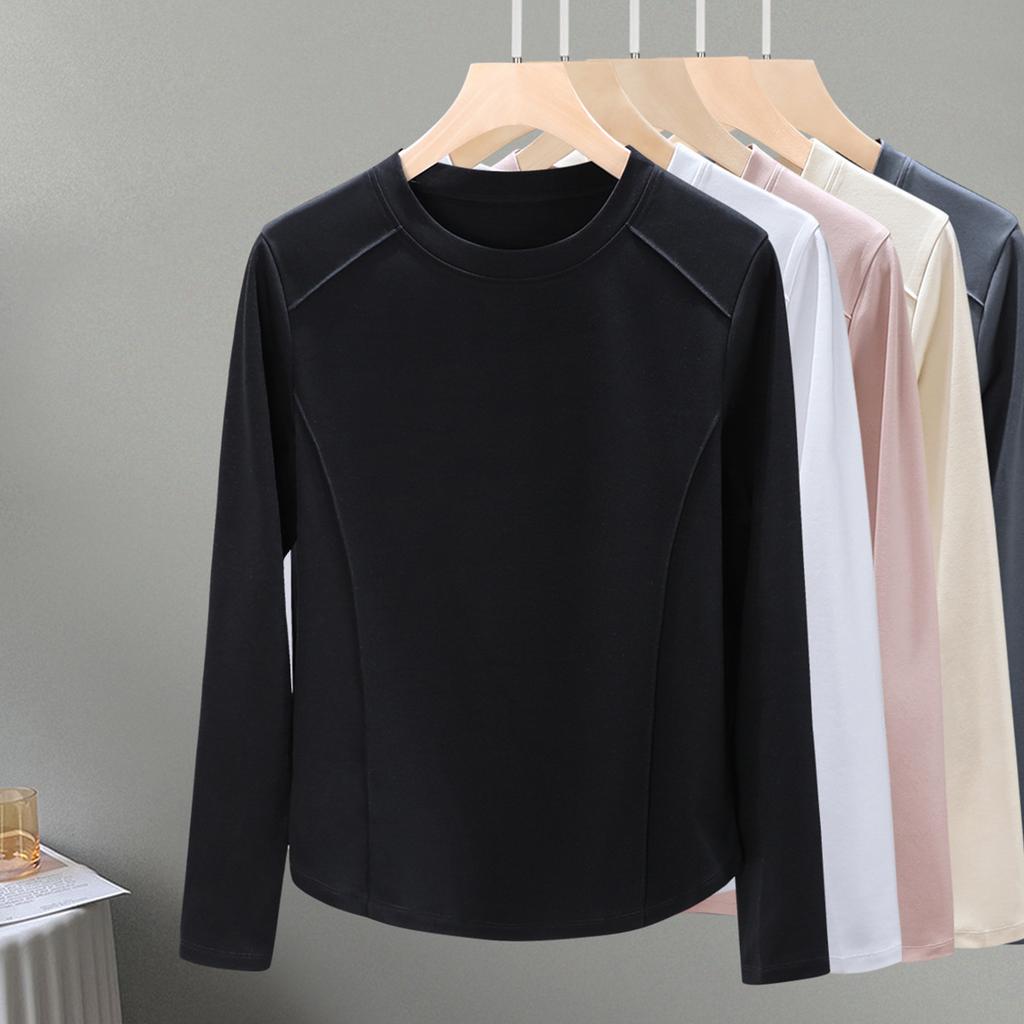 Rundhals mercerisierte Baumwolle langärmlig Damen Herbst neu Bogen Saum mit unterer Taille Slim Top