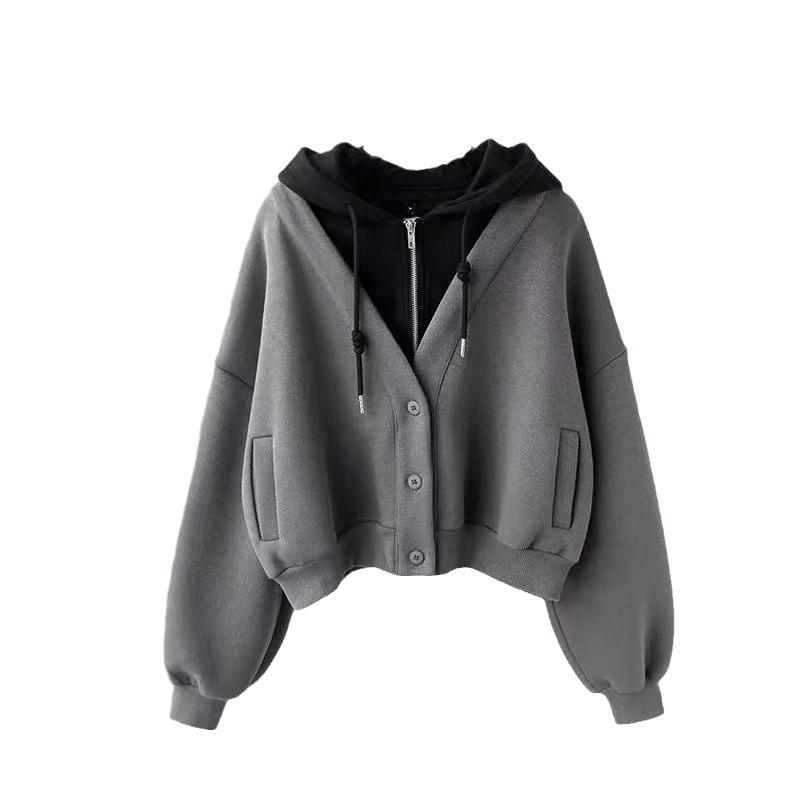 

Бархатный Утепленный Свитшот для Женщин Осенне-Зимний Дизайн Кардиган с Капюшоном на Молнии Модный Свободный Приталенный Двойка M серый