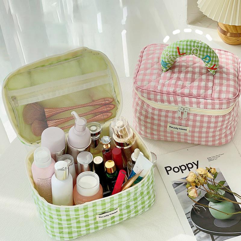 Lovely Grid Design Cosmetics Storage Bag Cloth Zipper Handbag Makeup Bag