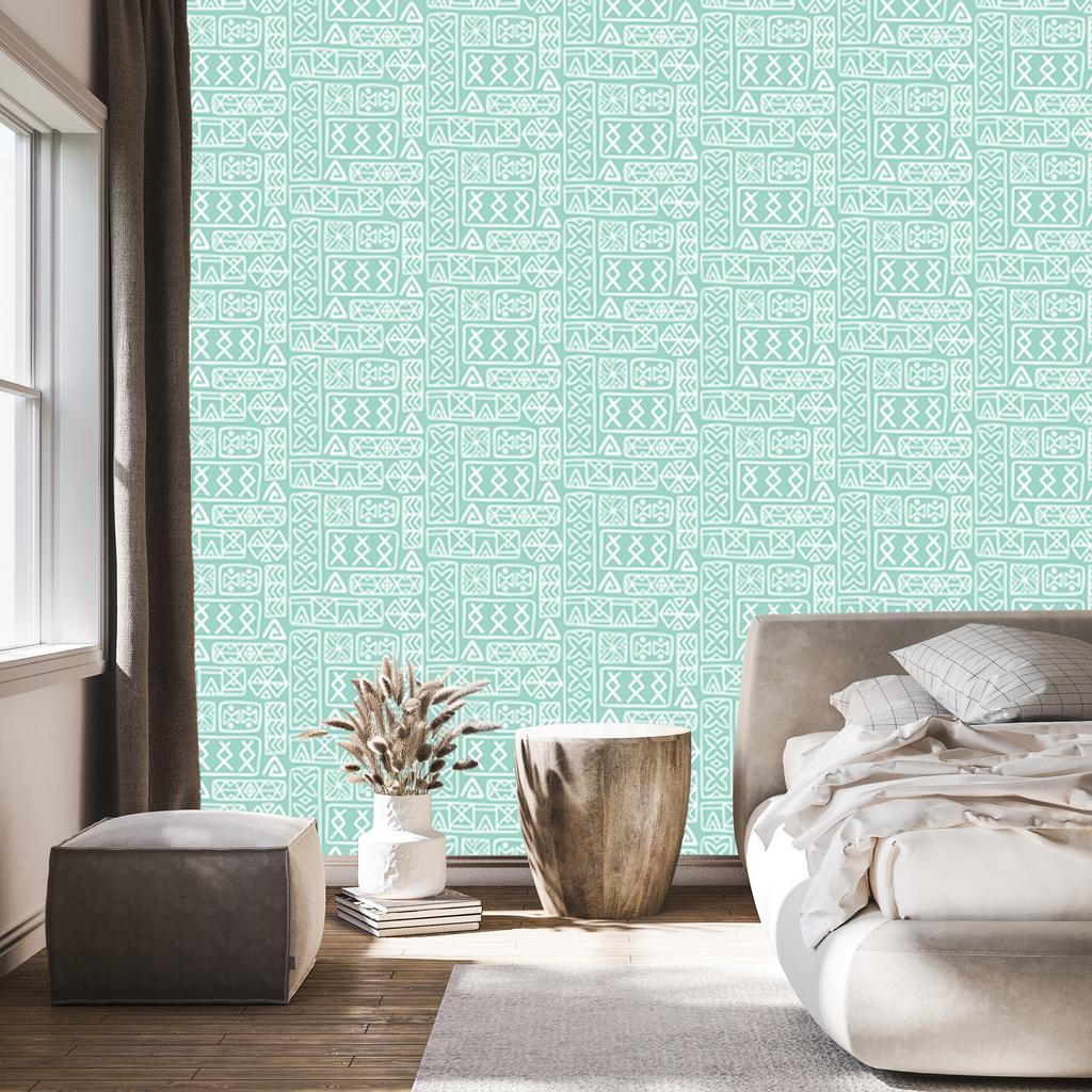 Polynesian Geometric Pattern Wallpaper Mint and White 50x1000