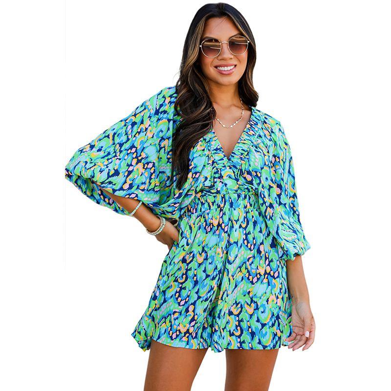 

American Shiying Color Matching Printed Half Sleeve Jumpsuit Women s 2025 Spring and Summer New Arrival High Waist Short Jumpsuit Green Size XL fit (70.00 kg-75.00 kg