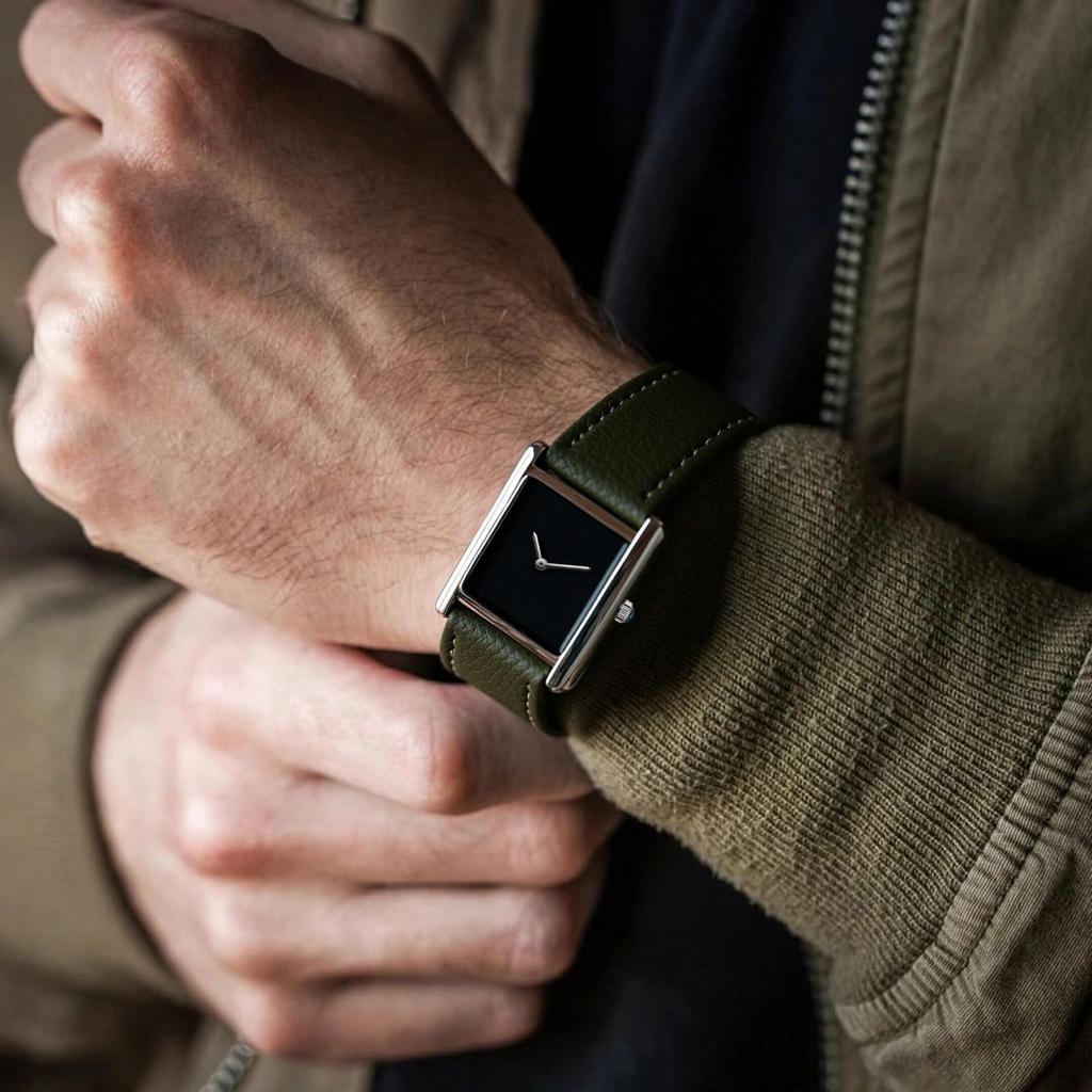 CILOA Leather Water Resistant Square Analog Men's Watch Simple, Classic, Strap, (Everyday Use), Case.