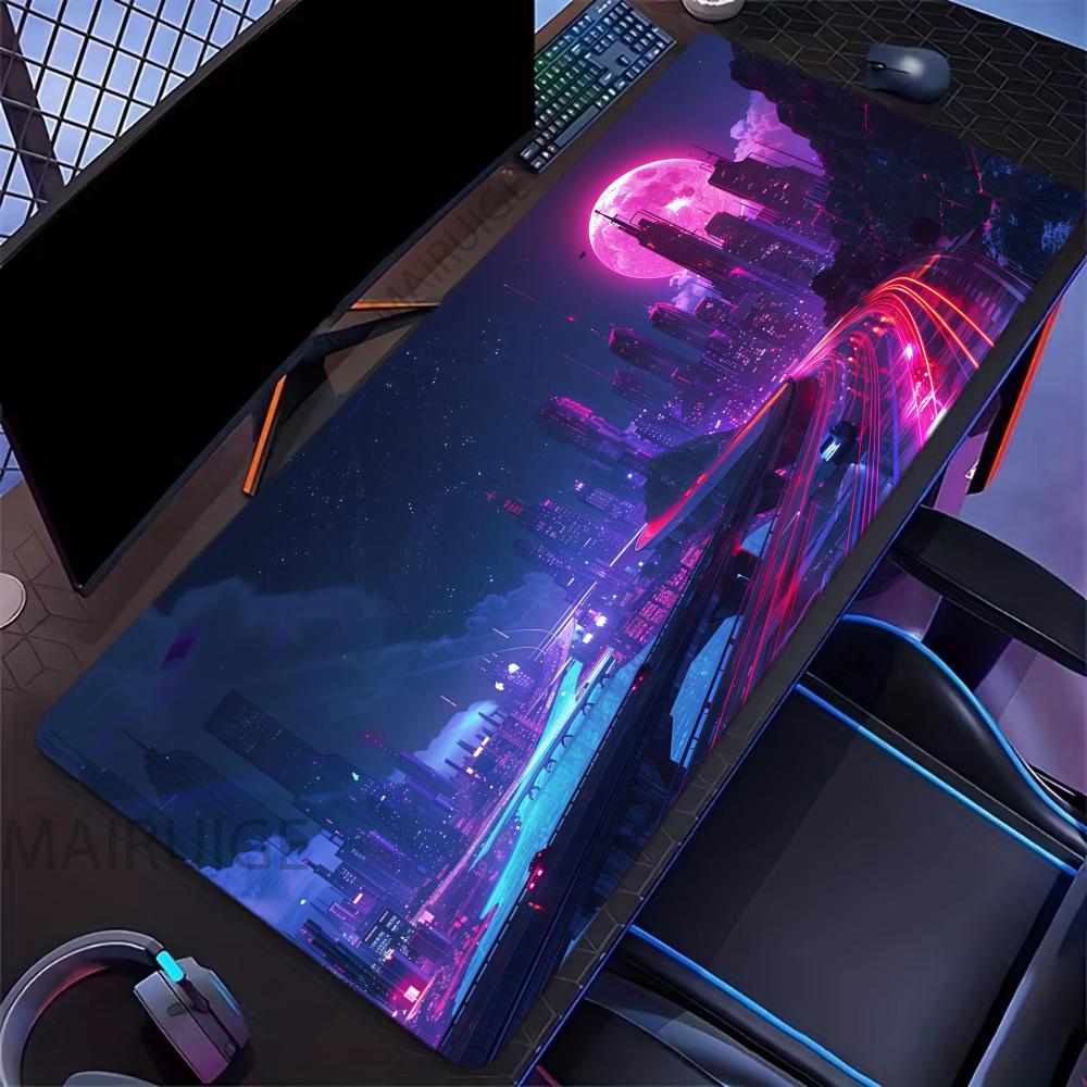 Neon City Night View Mouse Pad Large Computer Office Game Table Mat Xxl Rubber Antislip Stitched Keyboard Mats Long Desk Pads