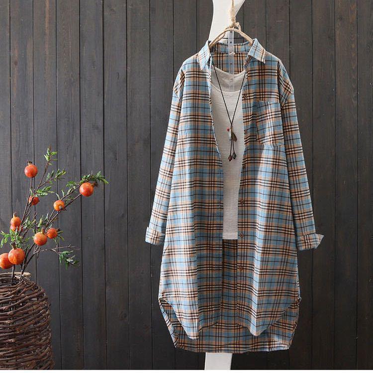 2024 Plus Size Women's Plaid Shirt: Spring Summer Korean-Style Temperament, Loose Cotton Linen Thin Jacket, Hong Kong Style