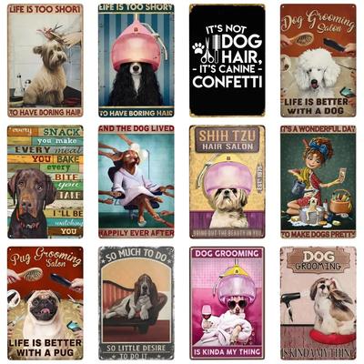 1pc Dog Salon Vintage Wall Metal Tin Signs Retro Dog Grooming Salon Sign Farmhouse Country Kitchen Home Garden Wall Decor Art