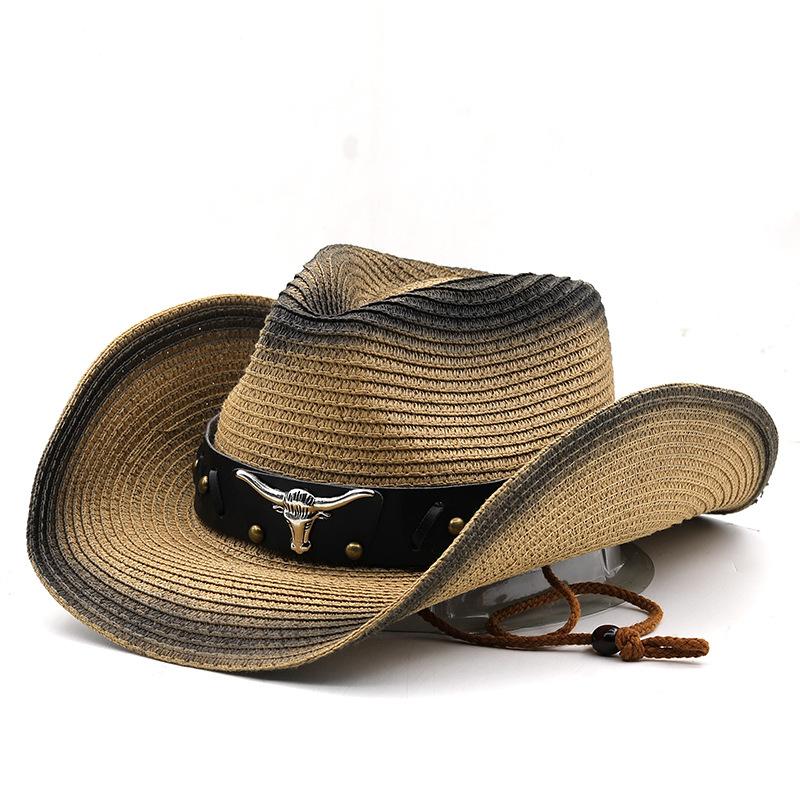 New Bull Head Accessories Western Cowboy Straw Hat Outdoor Sports Mountaineering Tipped Top Hat Foldable Sun Hat