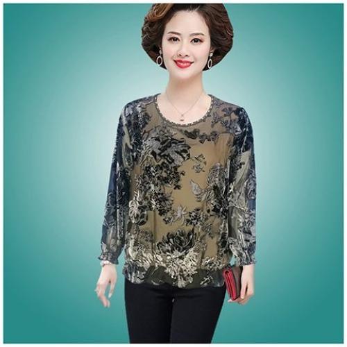 Women's Silk Blouse Spring Autumn Three-quarter Sleeve Loose Fit Rhinestone Plus-size Blouse Mesh Floral Velvet Pullover