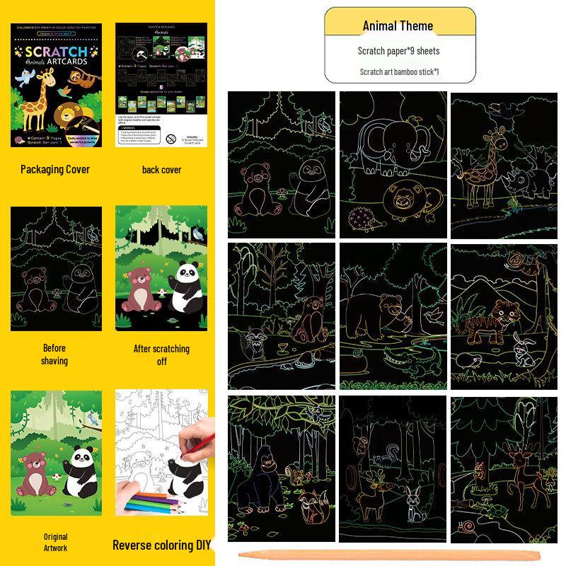 Färgglatt Skrapkonstset: Tecknad DIY Klotter- och Ritbok för Barn