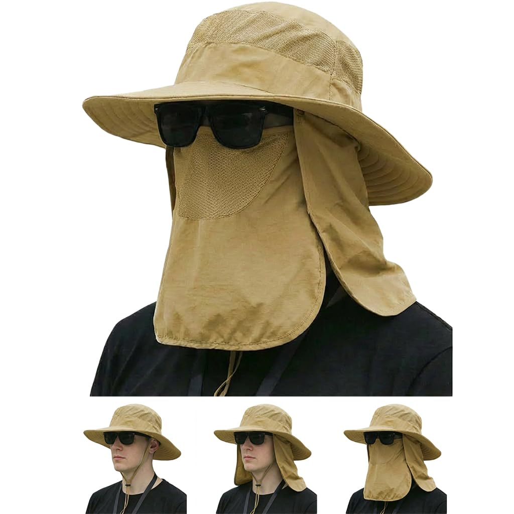 Sun Hat Bucket Hats for Men Women,Outdoor Wide Brim Fishing Hat with Detachable Face Cover & Neck Flap UV Protection