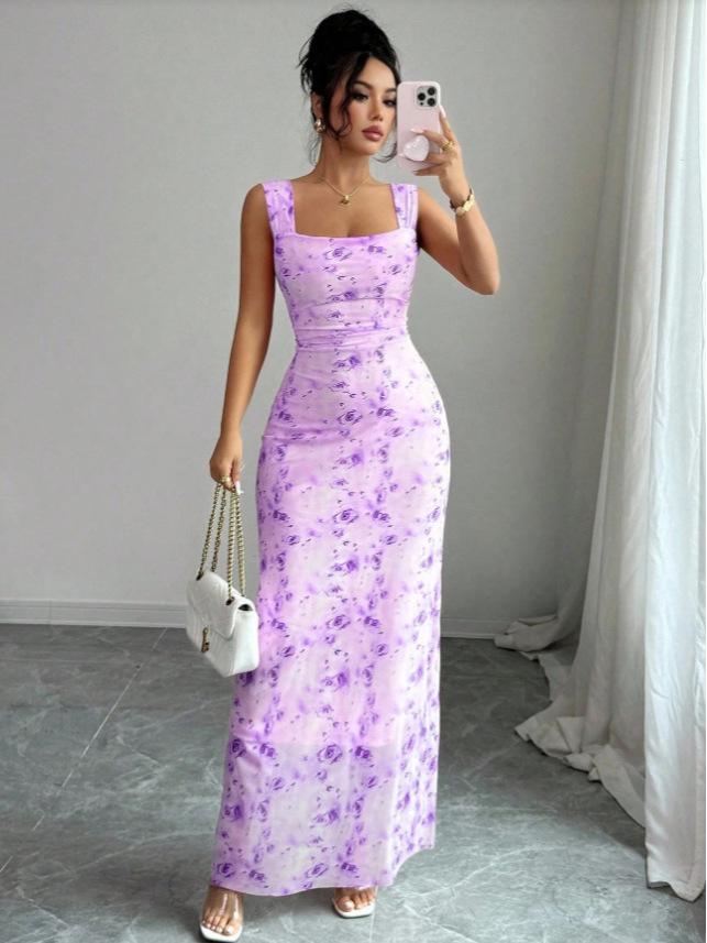 Cross-Border Floral Print Slim Fit Dress (Europe & America)