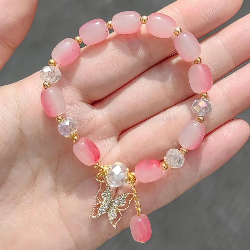 New Sweet Butterfly Beaded Bracelet for Women Girls Pink Color Imitation Jade Bohemian Crystal Hand Jewelry Birthday Party Gifts