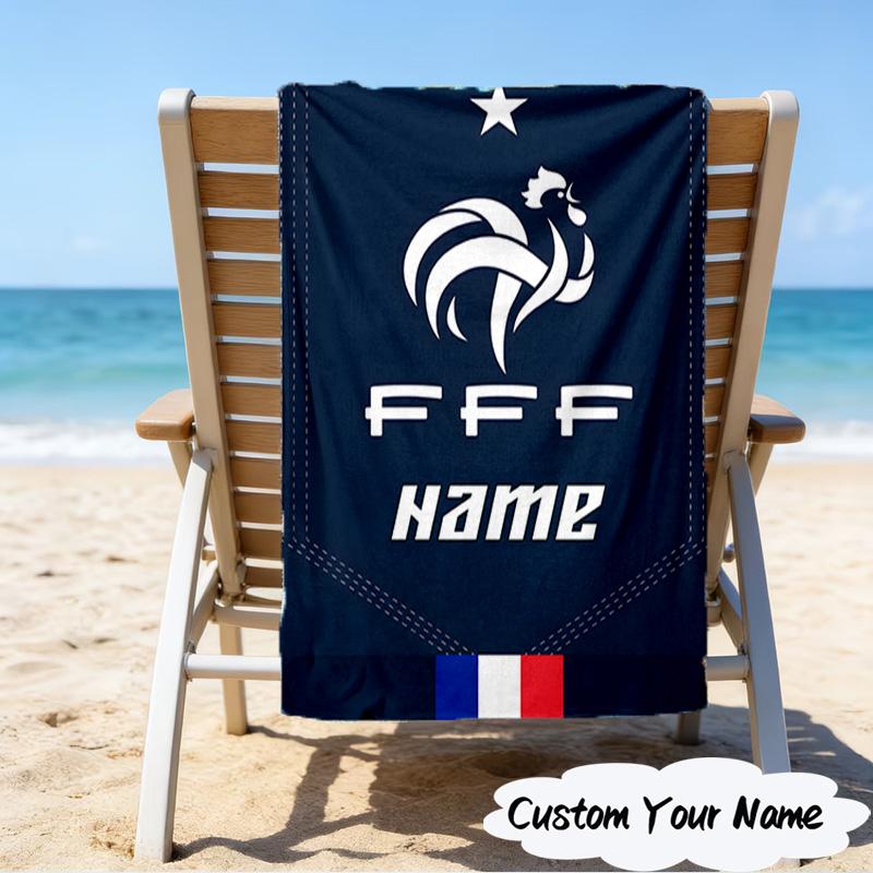 1PC Custom Name Beach Towel France Football Crest Beach Towel, Suitable for Camping, Travel, Beach Accessories, Super Absorbent, Family Gift