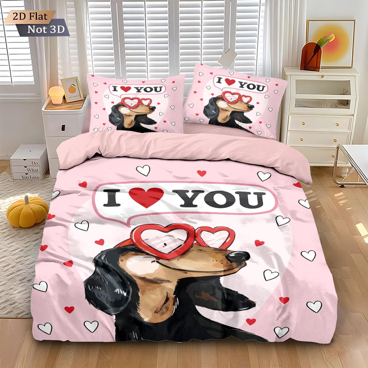 

Comforter 3Pcs Romantic Valentine S Day Pink Love Sausage Dog Printed Chipless Quilt Set Multi Size Bedroom Bedding Festival Decoration Comforter (quilt)-EU Single(135*200cm)3pcs