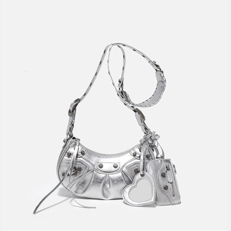 Pu Hip Underarm Bag Womens Folded Crescent Design With Rivets And Tassels For Daily Use