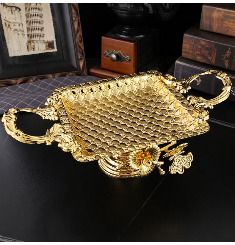 European Style Round Fruit Tray Golden Snack Tray with Handles for Storage Cookie Cake Dessert Food Candy Serving Dish