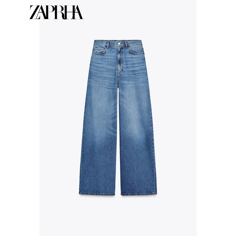 Zaprha 2025 New Retro Blue Cotton High Waist Wide Leg Elegant Simple Jeans Women Slimming 6840055