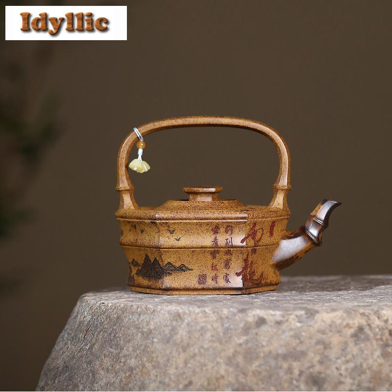 350ml Yixing Purple Clay Teapots Handmade Lifting Handle Pot Raw Ore Wood-fired Porcelain Mud Kettle With Infuser Zisha Tea Set