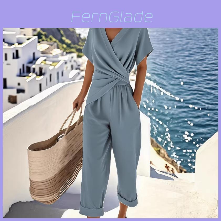 Traje de Verano para Mujer de Color Puro con Mangas Cortas Irregulares y Pantalones Plisados para Uso Casual