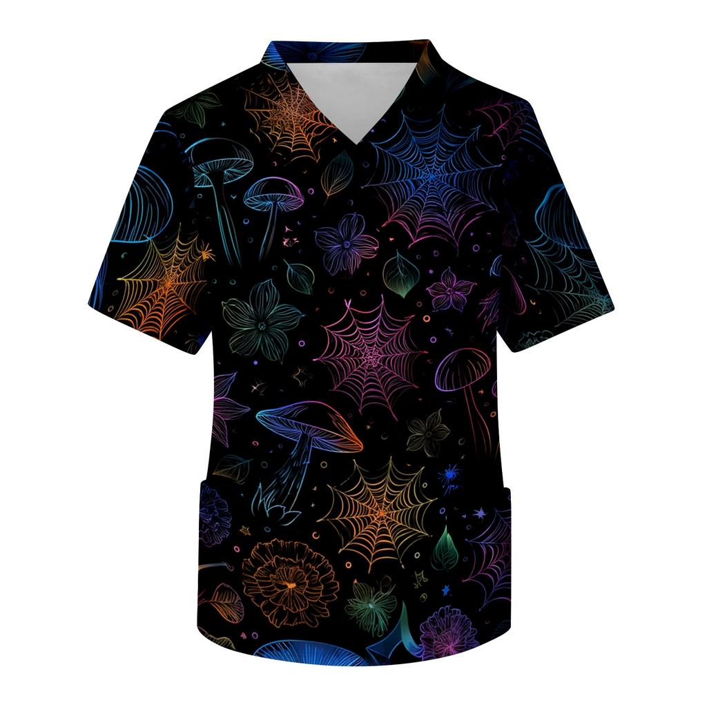 Men's Short Sleeve V-Neck Halloween Print Scrub Top with Chest Pocket