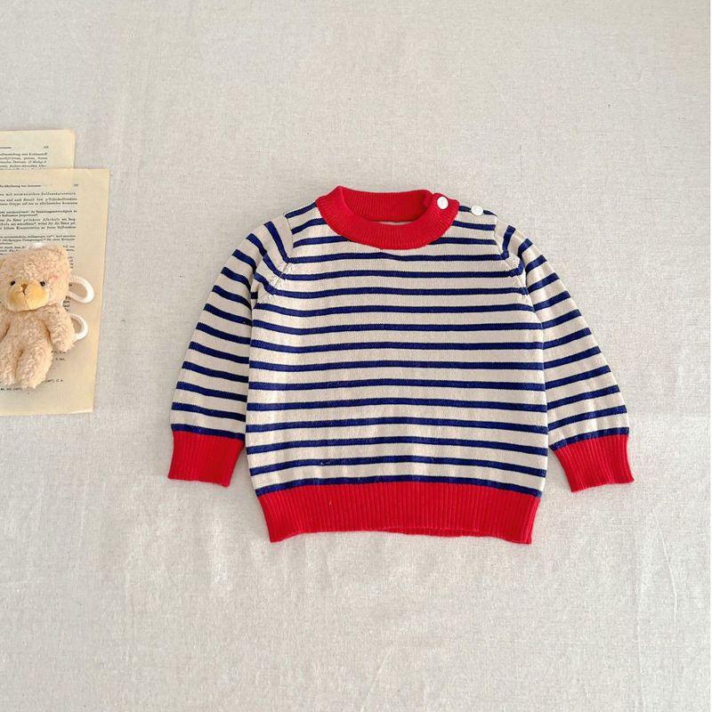 

Ins Baby Boys and Girls Autumn Red Knitted Overalls Infant Festive One-Piece Romper Set 2025 New Style Blue and White Striped Sweater 66 cm