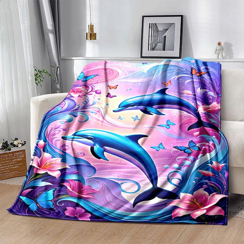 1pc Dolphin Printing Lightweight Flannel Blanket, Comfortable and Warm Blanket, for Camping Sofa Bed and Couch Office, Gift
