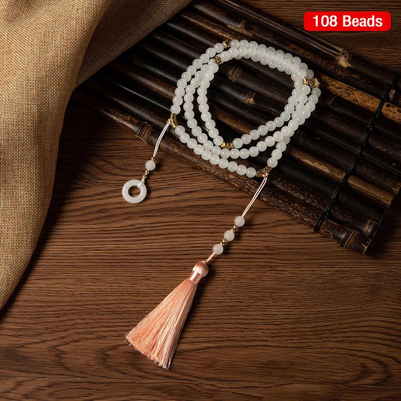 Halskette mit langen grünen Perlen im chinesischen Stil, buddhistische Buddha-Meditation, grüne Kristallhalskette, lange Quasten-Choker, Schmuckgeschenke