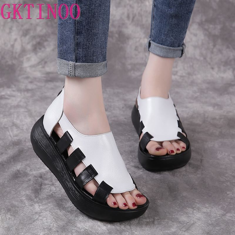 Fashion GKTINOO 2024 Summer Genuine Leather Flat Platform Sandals For Women Hollow Out Mixed Colors Breathable Peep Toe Ladies Sandals