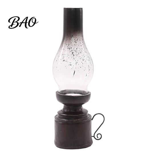 Stable Heavy Candle Holder Miniature Kerosene Lamp Resin Holder, Retro Oil Figurine with Smoked Nostalgic Replica Glass Shade & Carved Base, Tabletop