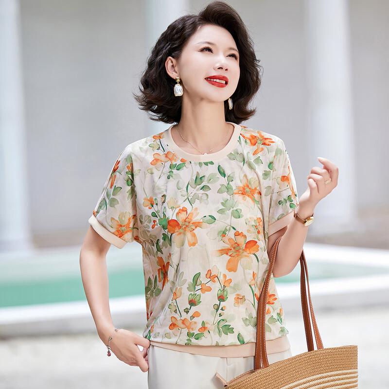 Passt Floral Print Ice Silk Plus Size Short Sleeve T-Shirt for Women