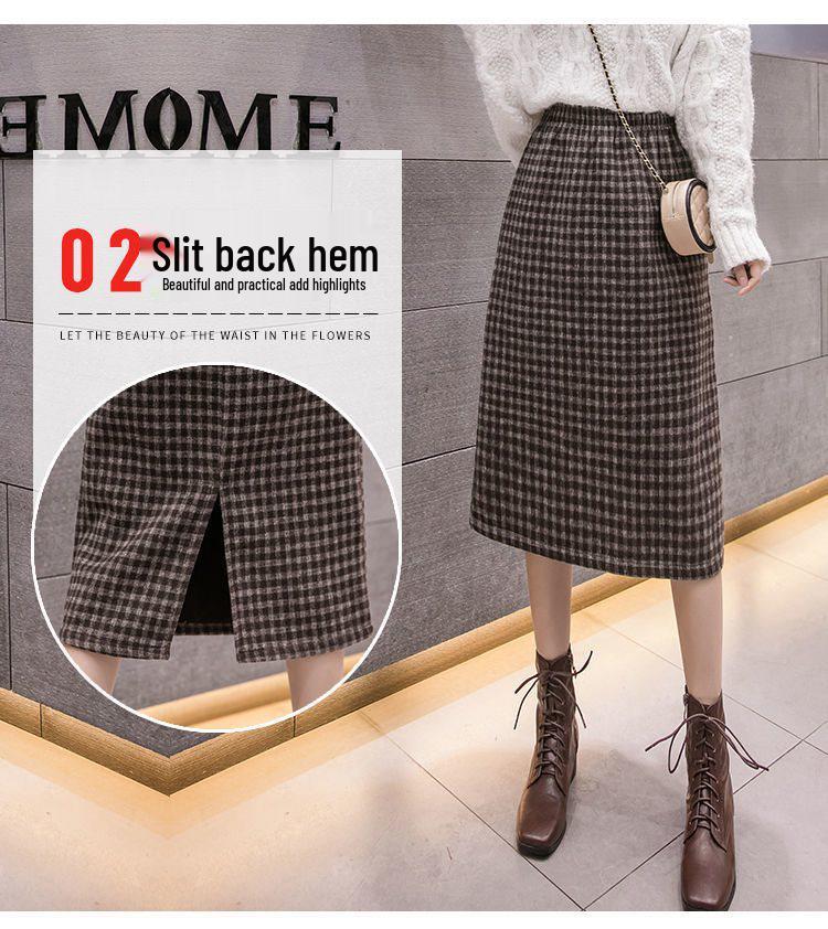 Fustă Midi pentru Femei din Lână cu Dungi Pied-de-Poule Căptușită cu Fleece - Toamnă/Iarnă 2025 Talie Înaltă Cu Șliț Bodycon