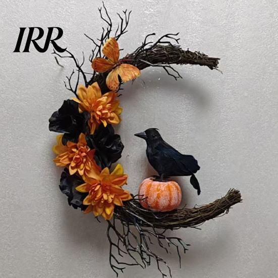 Decorative Accents for Home Halloween Door Sign, Artificial Floral Branch Crow Moon Wall Hanger with Indoor Outdoor Holiday Decor Bird, Spooky Window