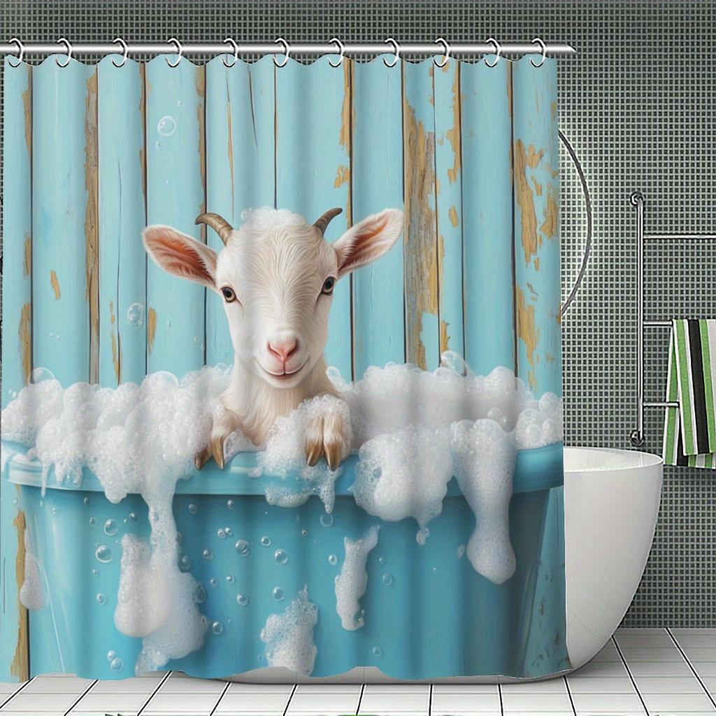 4Pcs Warm Blue Wooden Board Pattern Bubble Bath Sheep Pattern Shower Curtain Set Bathroom Curtain, Bathroom Decor Floor Mat
