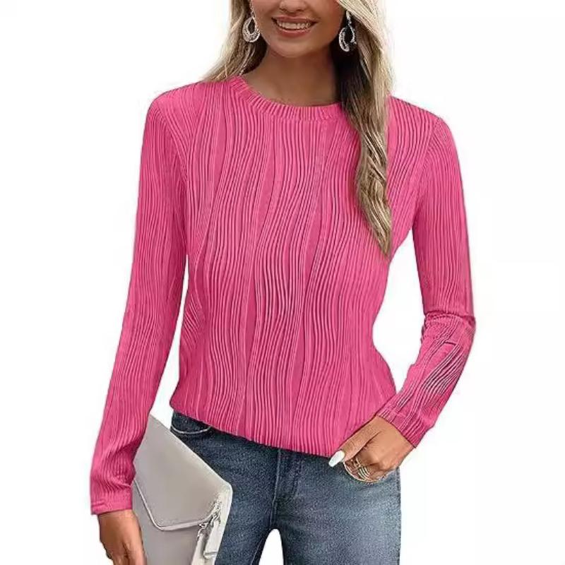Womens Tops Trendy Dressy Casual Long Sleeve Crewneck Basic T Shirts Solid Loose Textured Blouses Outfits