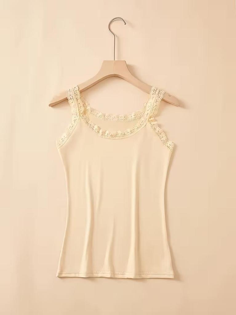 Elegant Lace Trim Women Camisole Solid Color Vest, Lace Patchwork, Round Neck Camisole Women's Top