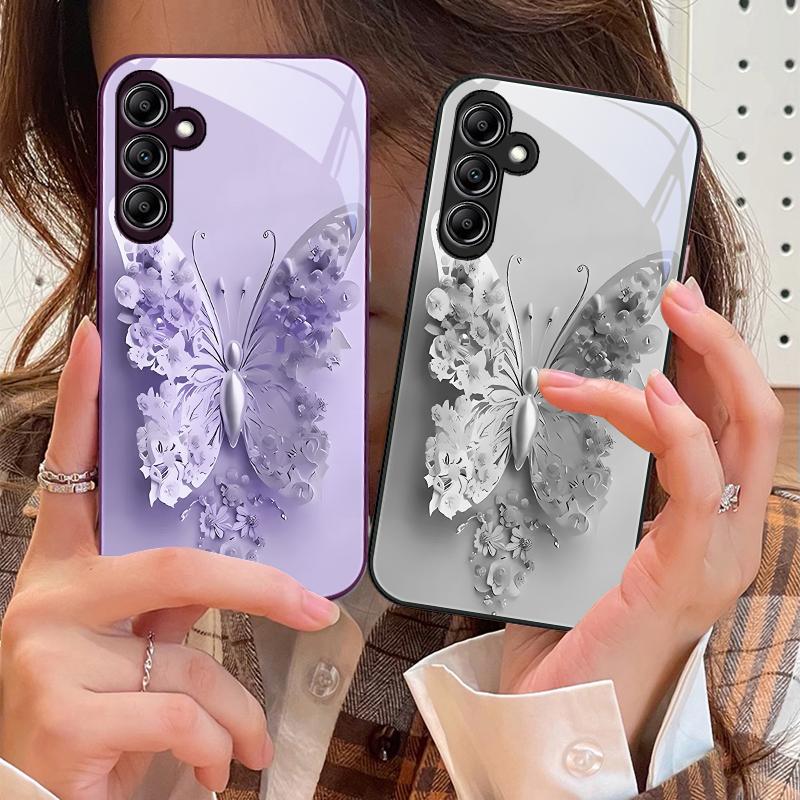 Green Flower Butterfly For Samsung A 73 72 71 70 56 55 54 53 52 51 50 42 35 34 33 32 31 26 25 24 23 22 30 20 Glass Phone Case