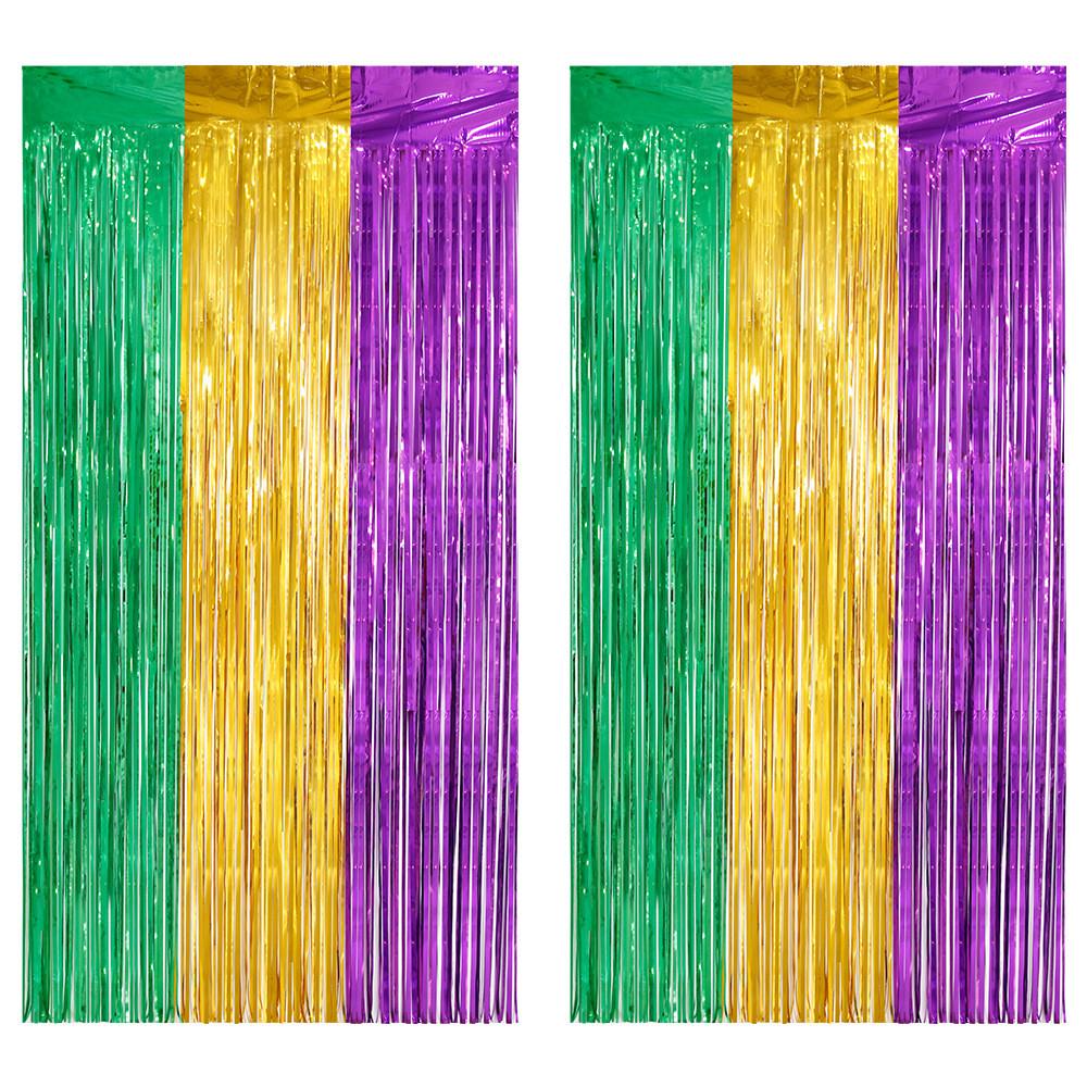 Gold Enchanting Green Purple Rain Curtain For Stunning Mardi Gras Setup Event