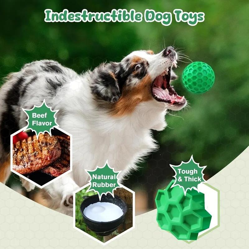 Indestructible Dog Chew Toy for Aggressive Chewers Tough Natural Rubber Squeaky Ball Beef Flavor Hexagonal Design Long