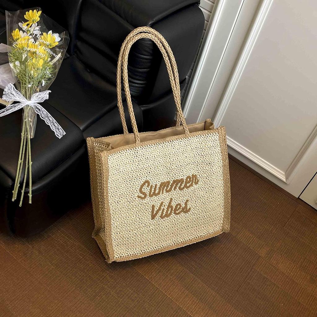 Women's Large Capacity South Wind Chic Straw Woven Tote Bag with Embroidered Letters