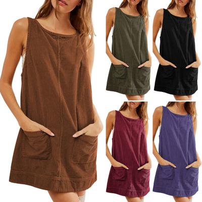 Women Dress with Pockets Sleeveless Oversized A-line Pure Color Backless Above Knee