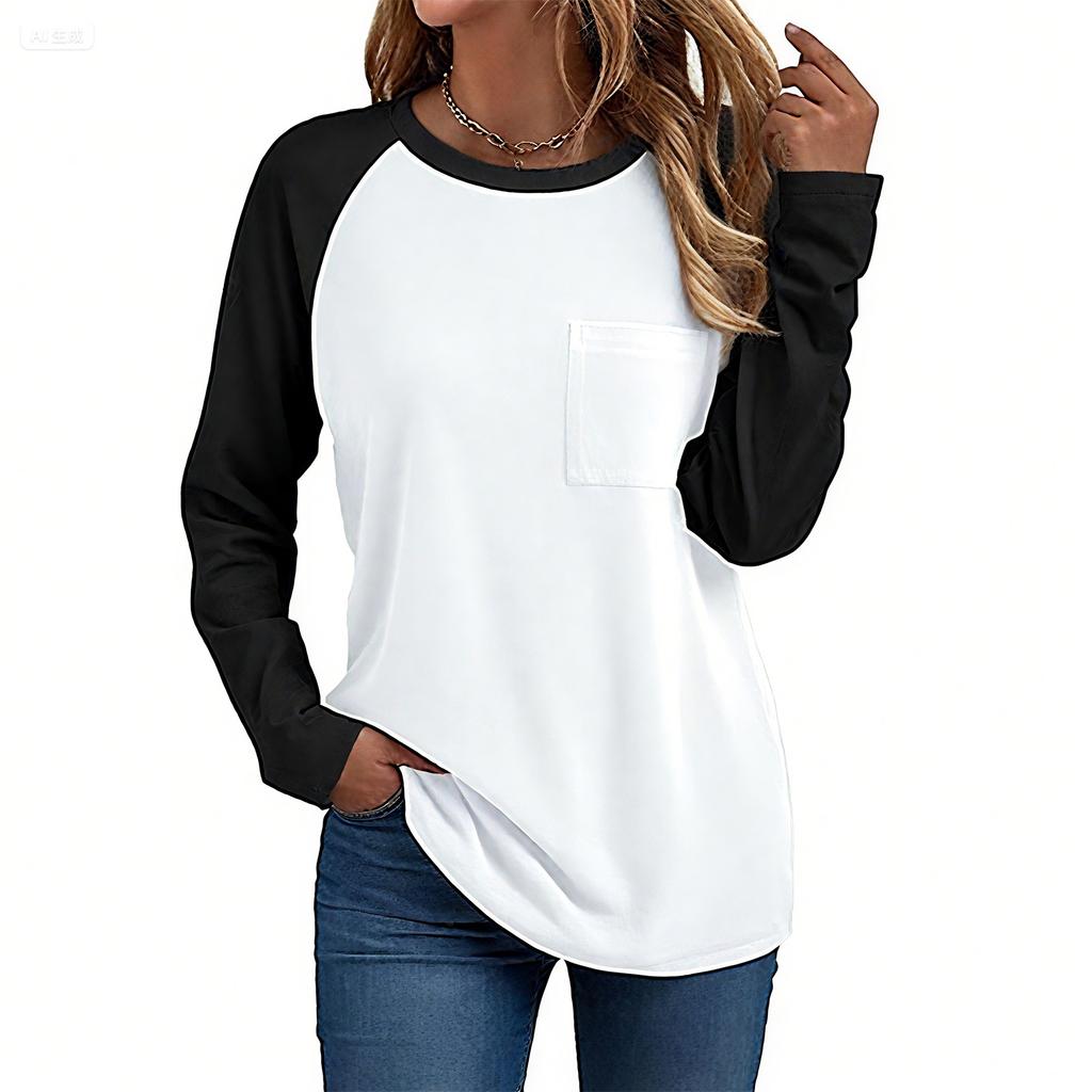 Damen T-Shirt Einfarbig Rundhalsausschnitt Tasche Langarm Oberteil