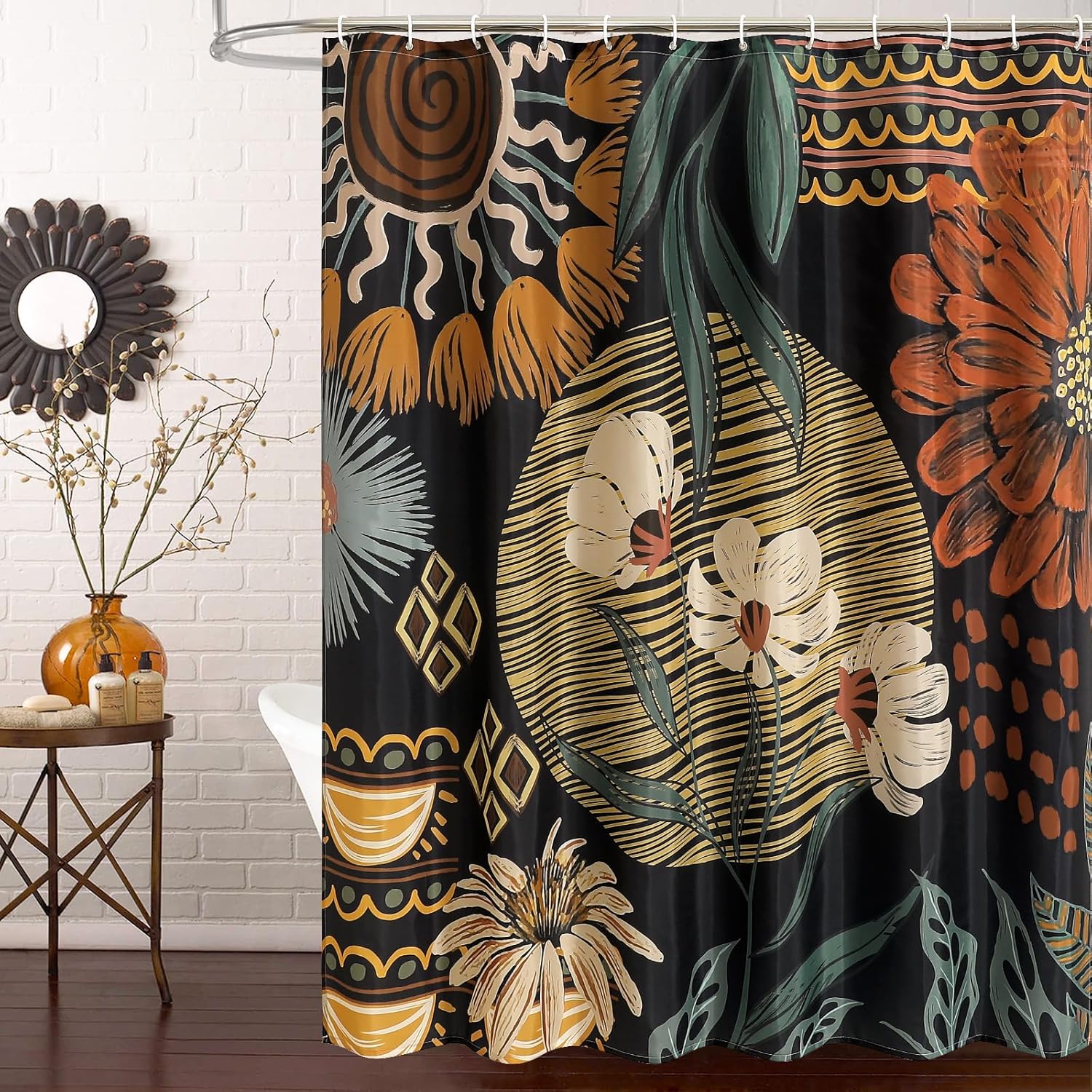

Mitovilla Boho Floral Shower Curtain, Retro Aesthetic Flower Fabric Cloth Shower Curtains For Chic Vintage Bathroom Decor, Moder W60H190(CM)-1 Pcs