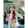 Short-sleeved T-shirt for women, new summer gradient graffiti flowers, age-reducing design, trendy shoulders