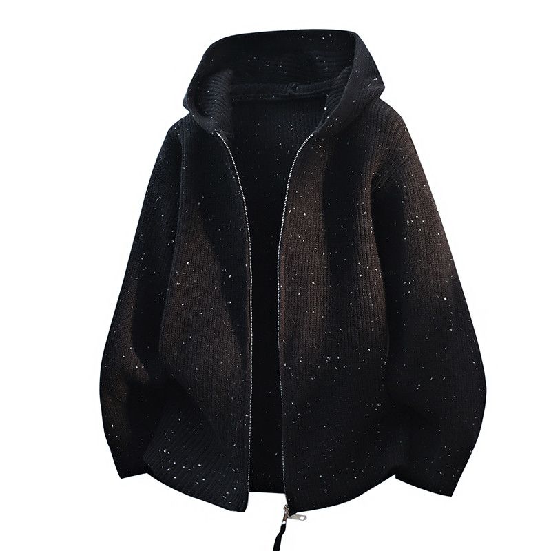 Dongjie No Logo Flus Autumn Thickened Hooded Sweater Cardigan Men s Knitted Sweater Starry Sky Trendy Brand Jacket Black XL